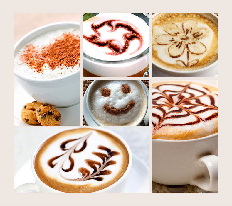Various artistic milk froth designs in cups created using an electric milk frother and heater.