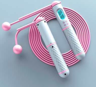 Cordless Digital Jump Rope featuring pink handles and a digital display for convenient workouts.