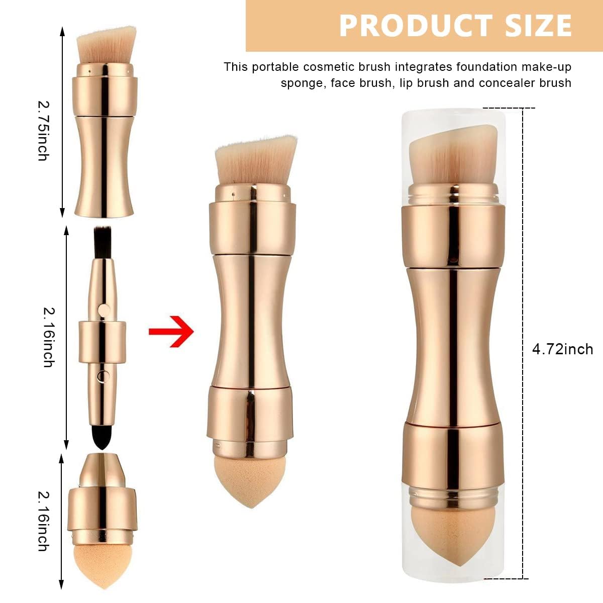 4 In 1 Makeup Brush showing various brush heads and product sizes, ideal for versatile makeup applications.