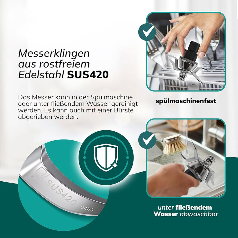 TM31 blender replacement blade made of durable stainless steel SUS420, dishwasher safe and easy to clean under running water.