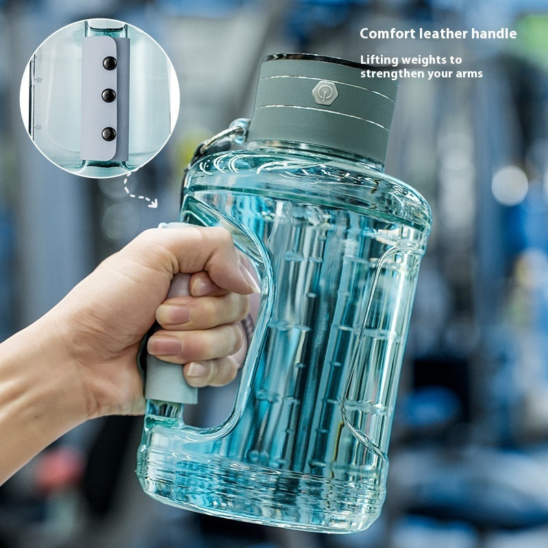 Portable kettle for mineral water bottles with comfort leather handle and lifting weights feature.