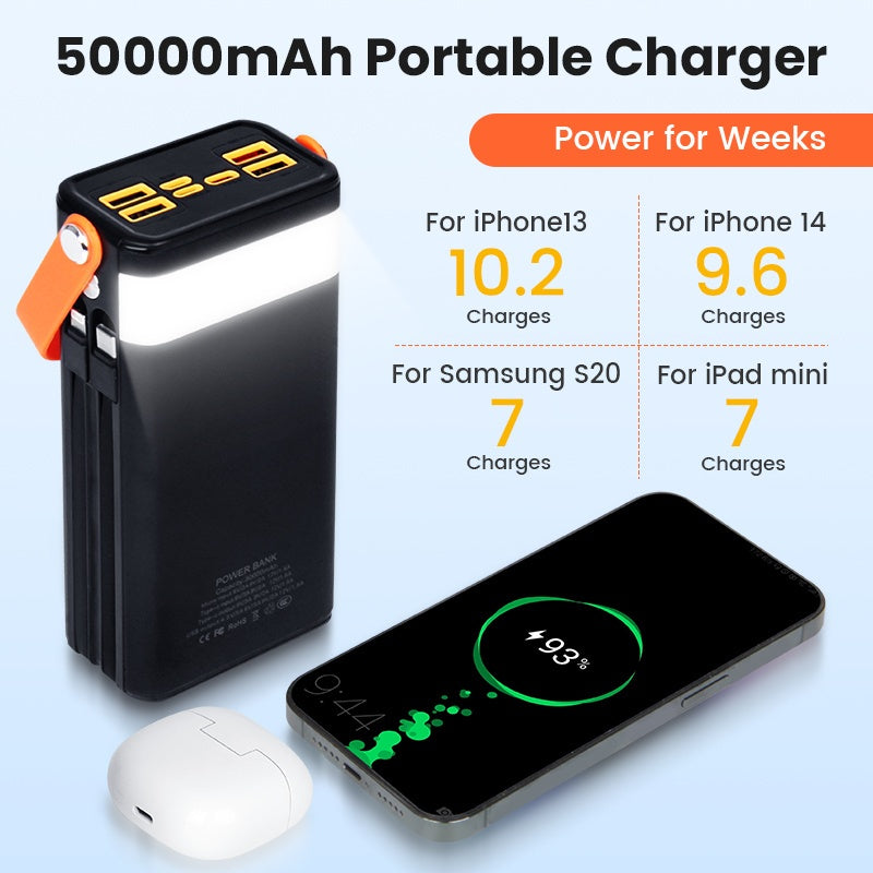 50000mAh Large Capacity Portable Power Bank with built-in data cable powering mobile devices.
