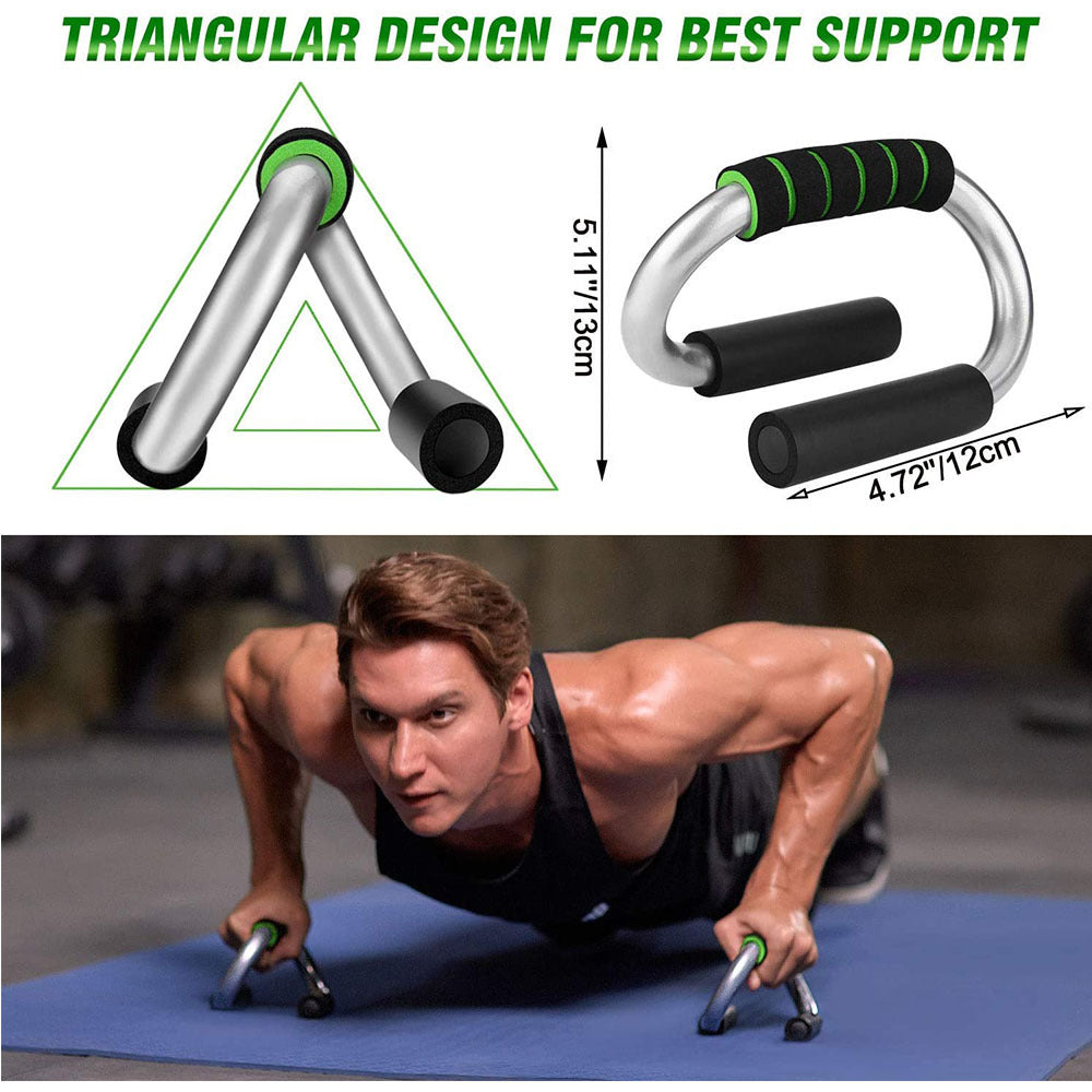 Indoor home fitness training device with triangular design for push-ups and support.