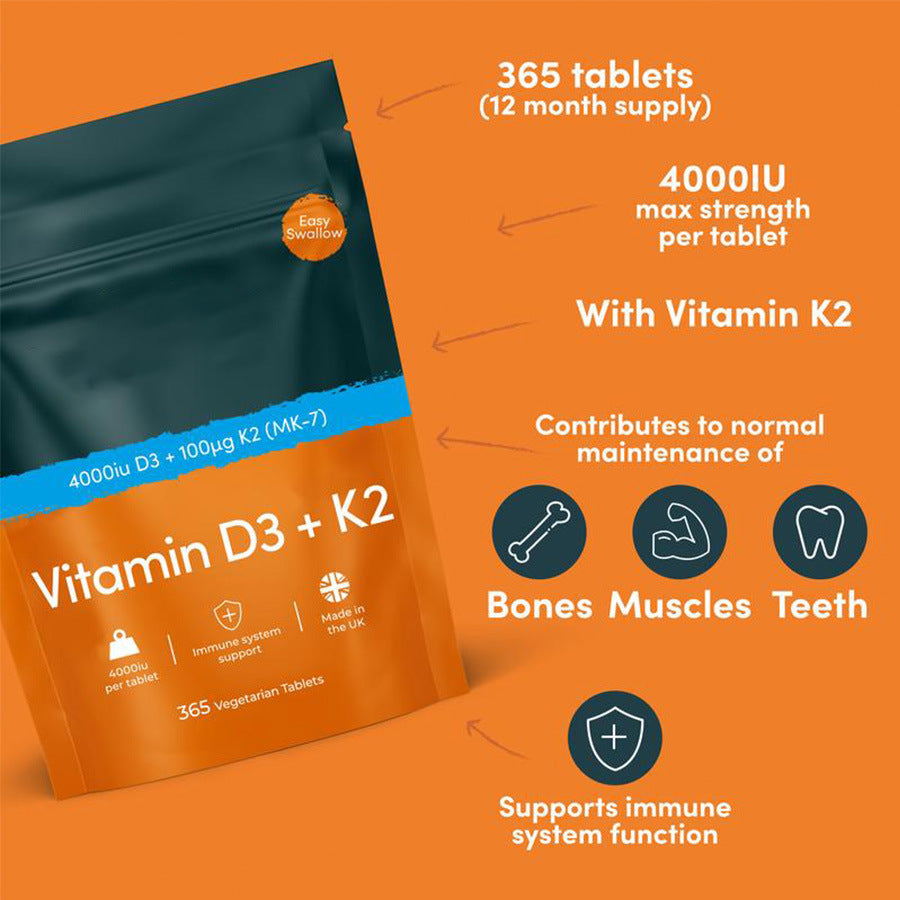 365 Pieces Vitamin D3 K2 Tablet VitaminD3 K2 with essential nutrients for bones and immune support.