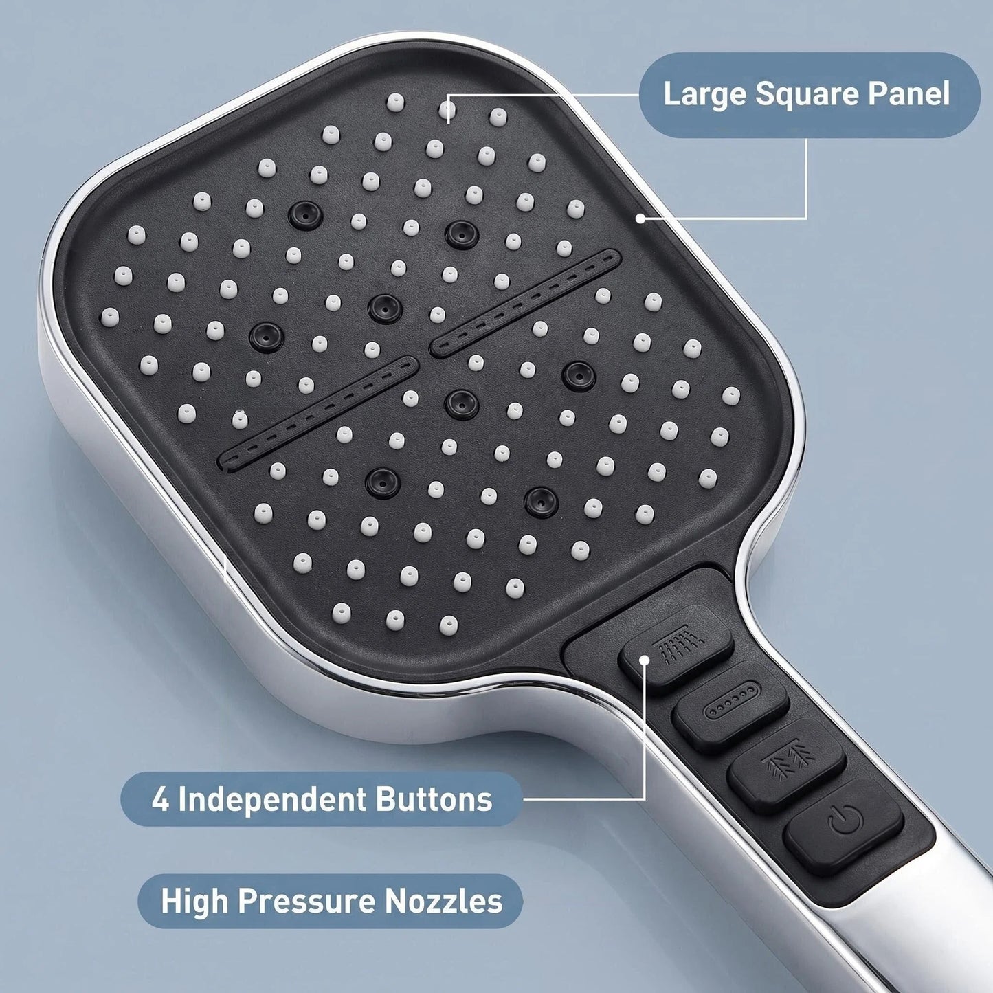 Handheld Shower Head With Multiple Modes featuring a large square panel, 4 independent buttons, and high pressure nozzles.