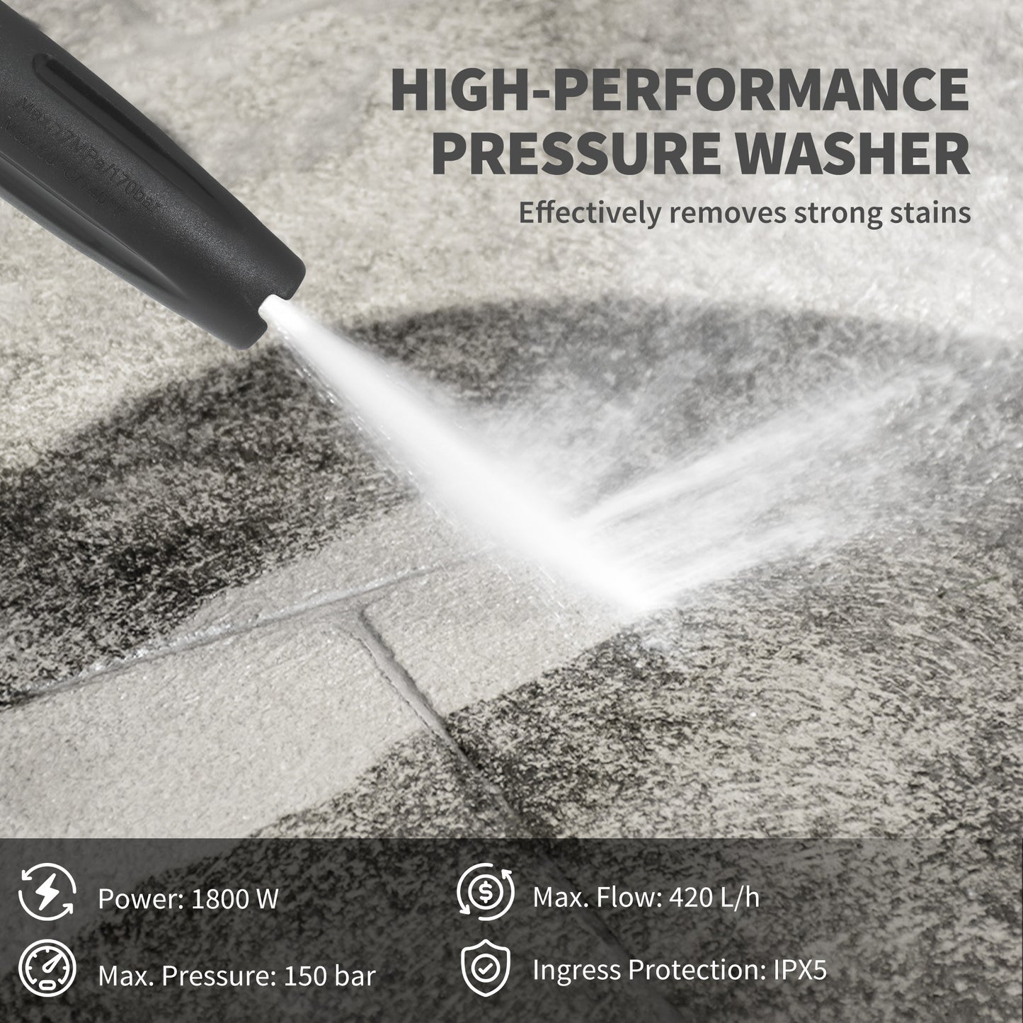 Portable high pressure washer 1800W cleaning strong stains with high-performance nozzle, 150 bar pressure, and 420 L/h flow.