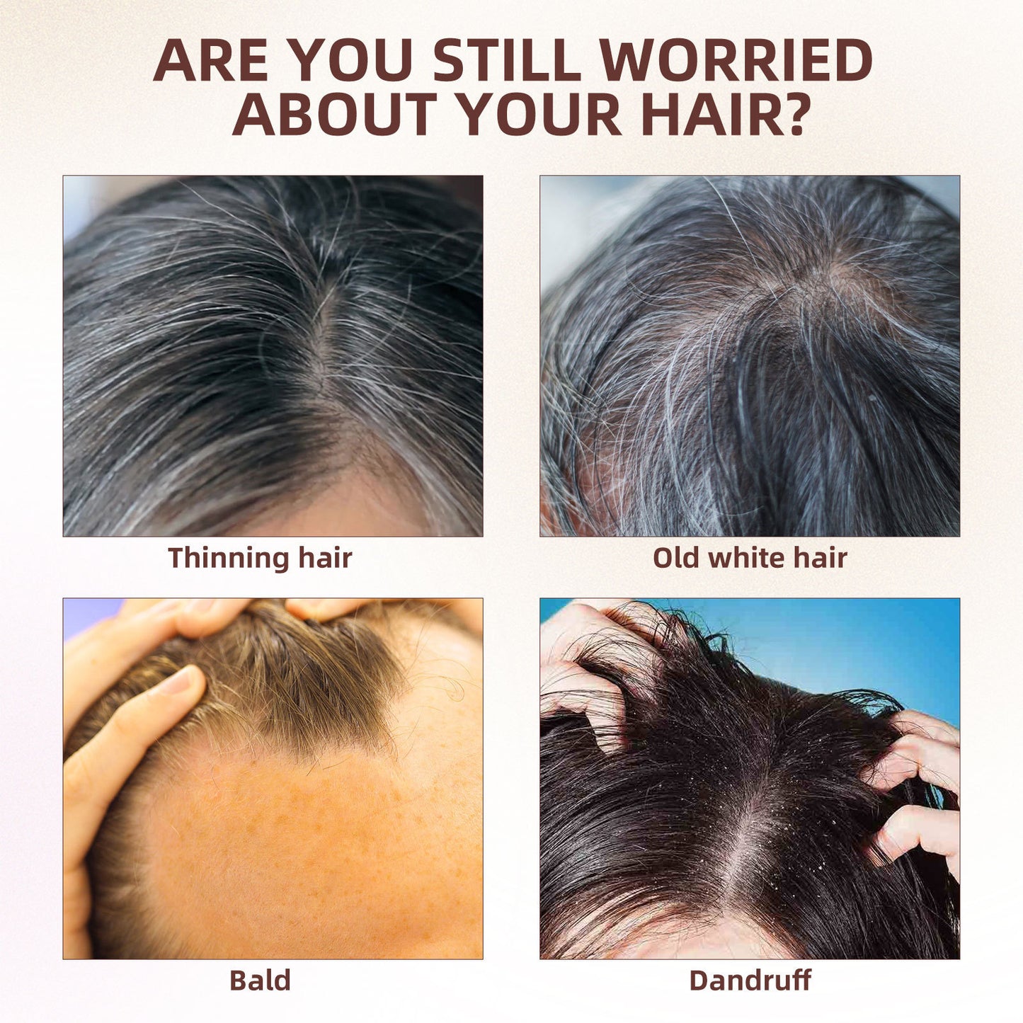 Image showing common hair issues: thinning hair, old white hair, bald spots, and dandruff concerns.