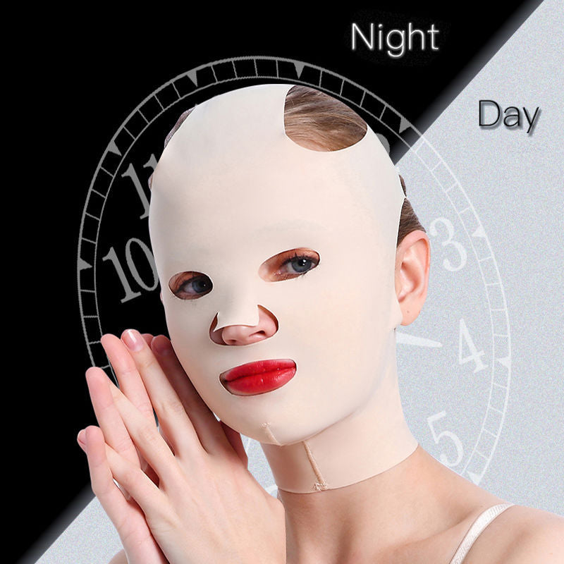 Model wearing a V Face Lifting Mask, showcasing its effects for day and night skincare.