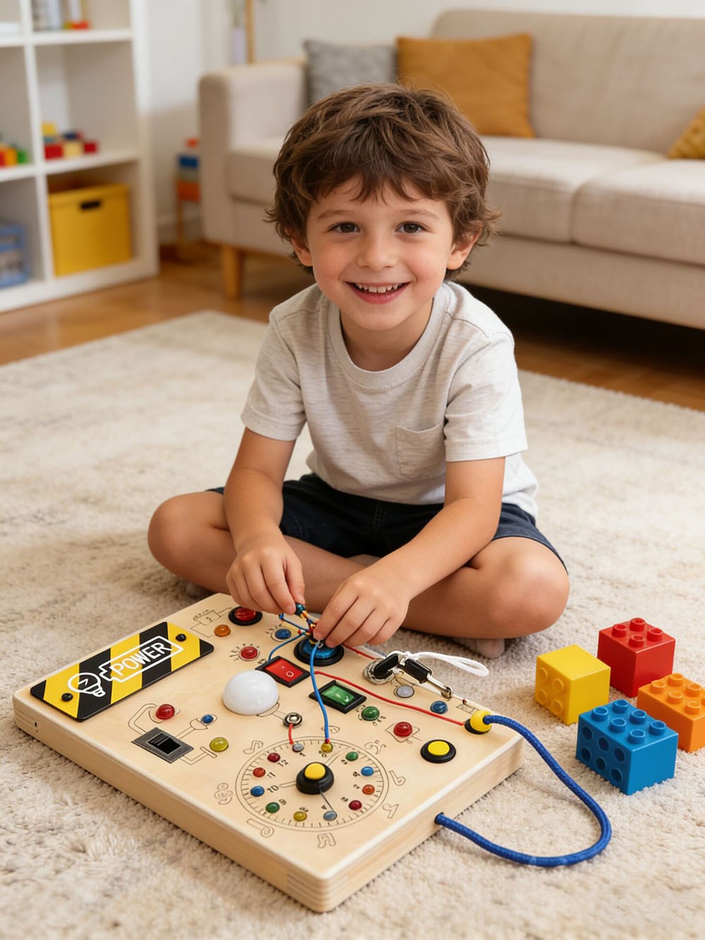 Montessori busy board for toddlers with a smiling boy playing and exploring various switches and lights.