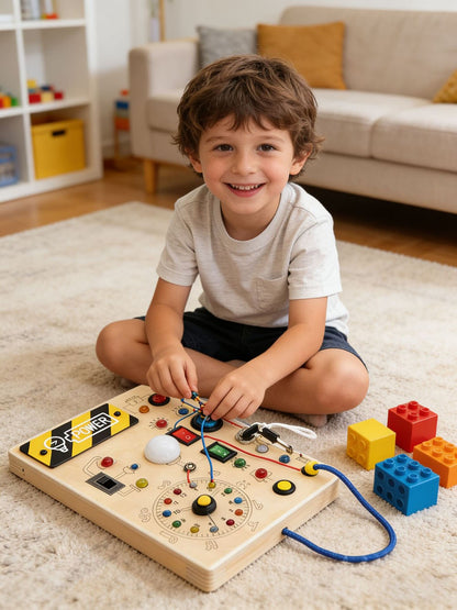 Montessori busy board for toddlers with a smiling boy playing and exploring various switches and lights.