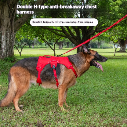 Large dog wearing a double H-type anti-breakaway chest harness in a park.
