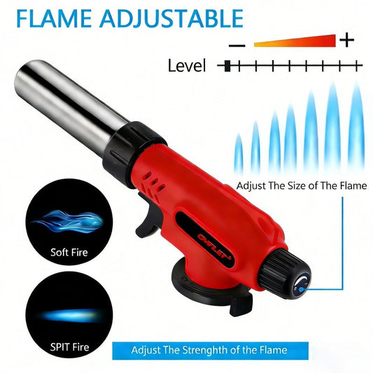 Professional butane kitchen blowtorch with adjustable flame for easy cooking techniques and 360-degree rotation.