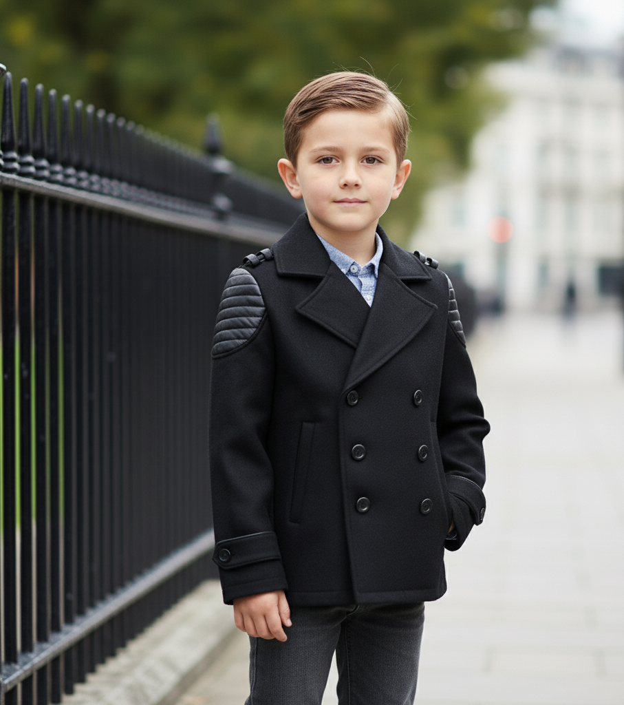 Boys black cashmere winter coat worn by a child outdoors, featuring double-breasted design and stylish details.
