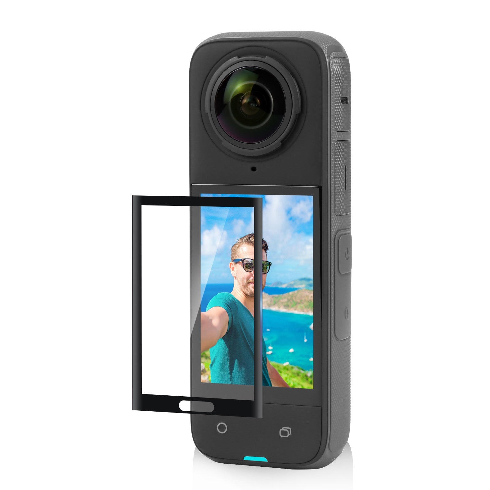 Insta360 X4 HD panoramic camera accessories showing the camera with a tempered film attached.