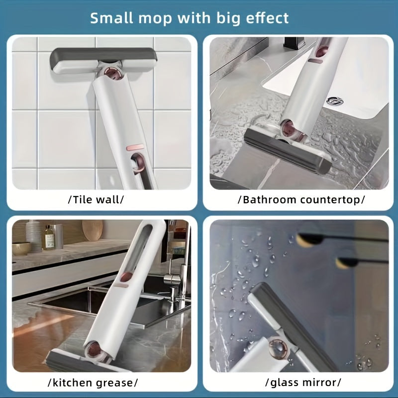 Image showing the New Portable Self-Squeezing Mini Mop cleaning various surfaces like tile, glass, and counters.