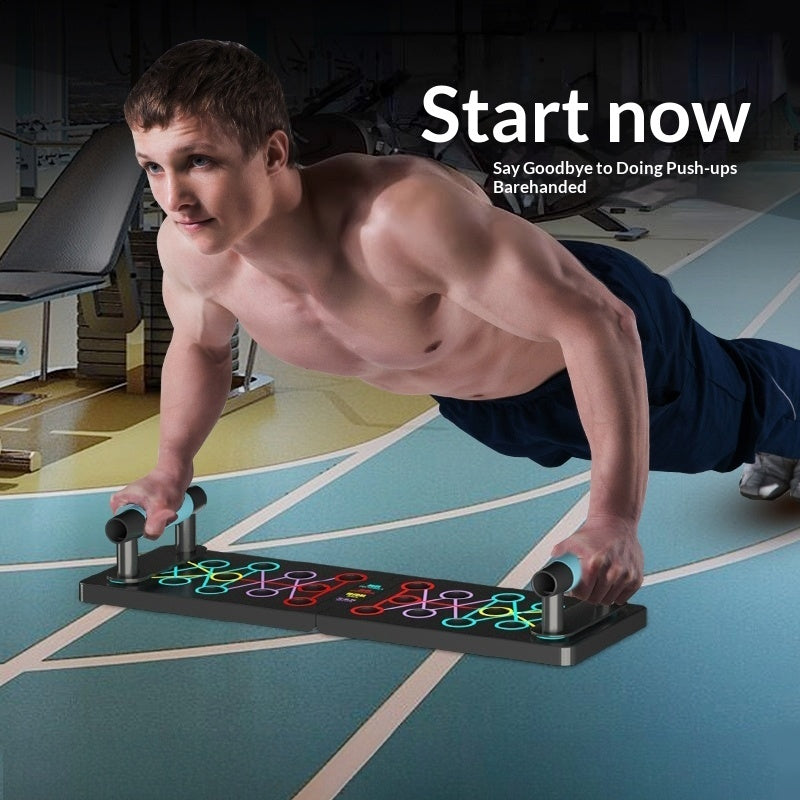 Man using a foldable push-up fitness board demonstrating proper push-up form on a gym floor.