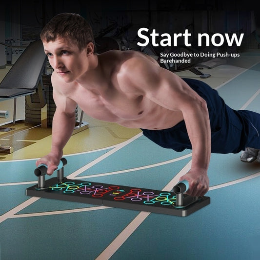 Man using a foldable push-up fitness board demonstrating proper push-up form on a gym floor.