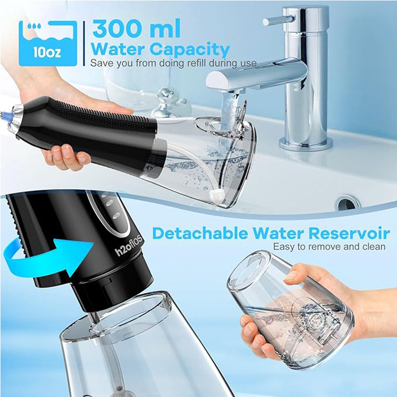 Portable water flosser with 5 modes showing 300 ml water capacity and detachable reservoir for easy cleaning.