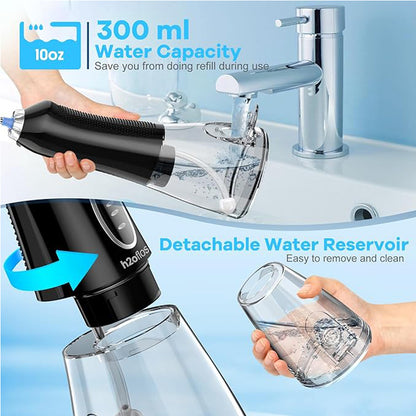 Portable water flosser with 5 modes showing 300 ml water capacity and detachable reservoir for easy cleaning.