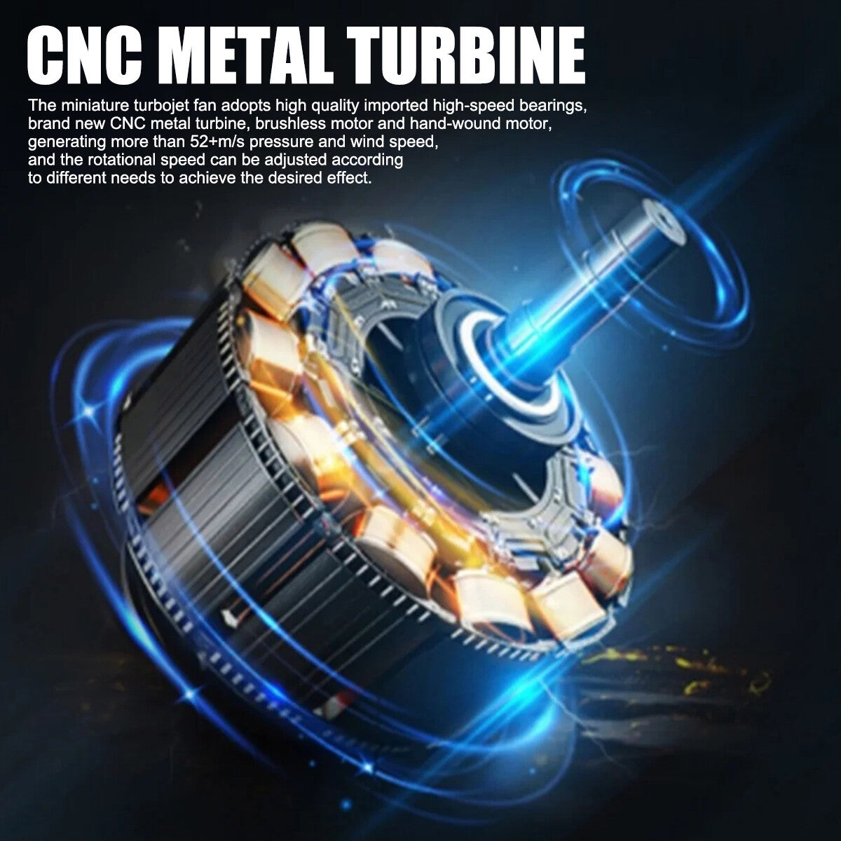 CNC metal turbine showcasing high-speed bearings and brushless motor for optimal performance in mini jet turbo fan air blower.