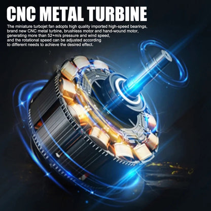 CNC metal turbine showcasing high-speed bearings and brushless motor for optimal performance in mini jet turbo fan air blower.