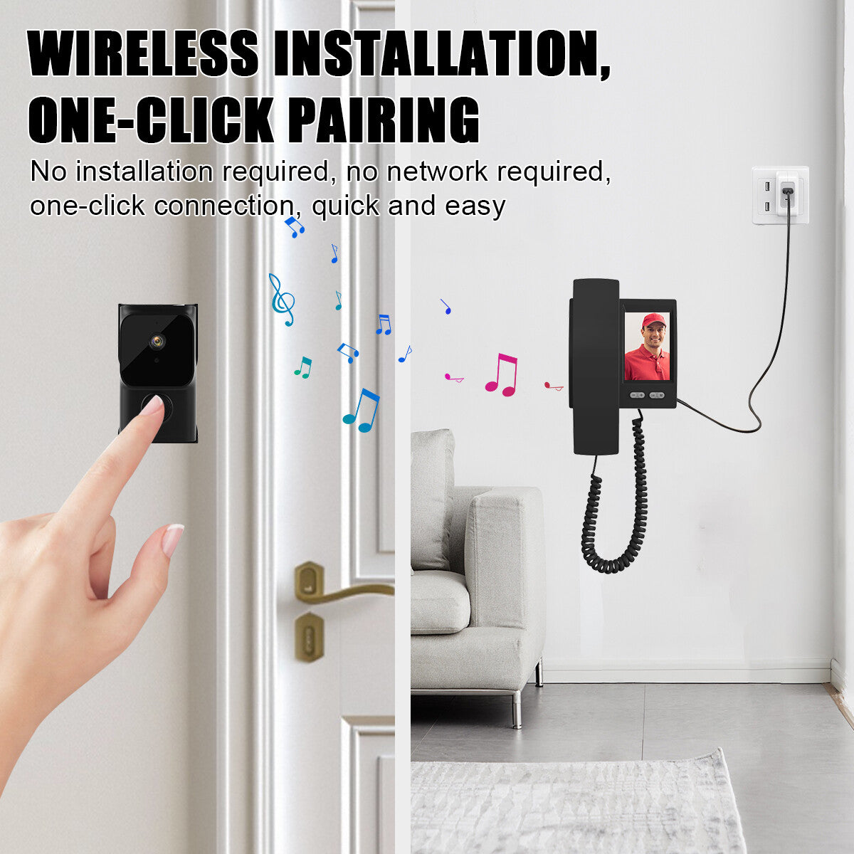 Smart wireless video doorbell with one-click pairing and wireless installation features.