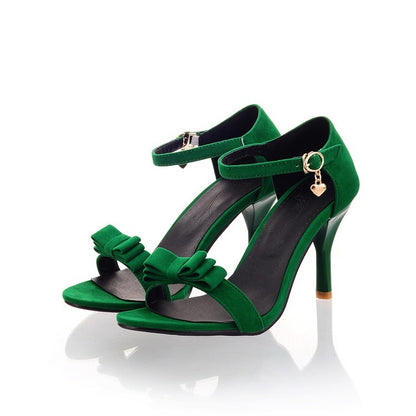 European American style sandals with bow in green color, featuring peep-toe and buckle closure.