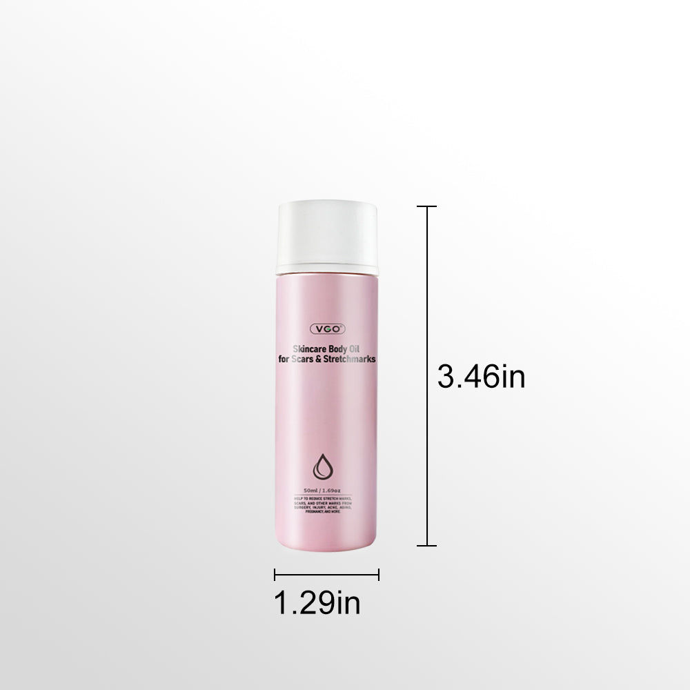 Skincare Body Oil For Scars & Stretchmarks in a pink bottle, 50ml size for reducing scars and stretch marks.