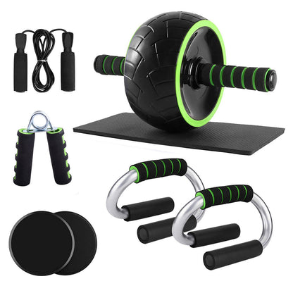 Functional training device indoor home fitness training device set including ab roller, resistance bands, and push-up bars.