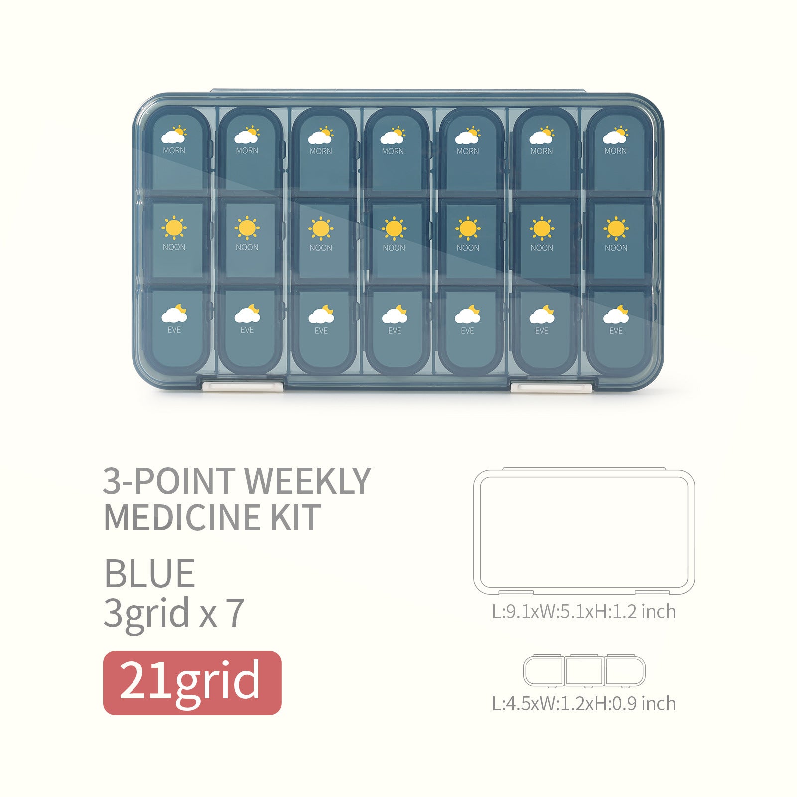Sealed 1 week pill organizer with 21 compartments, 3-point weekly medicine kit in blue, designed for easy medication management.