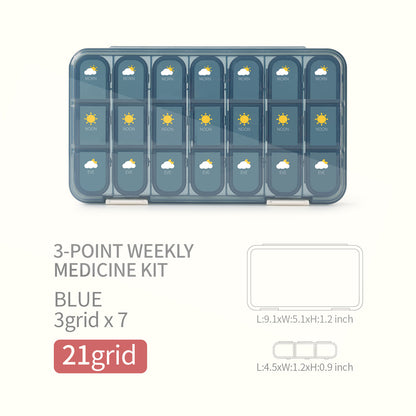 Sealed 1 week pill organizer with 21 compartments, 3-point weekly medicine kit in blue, designed for easy medication management.