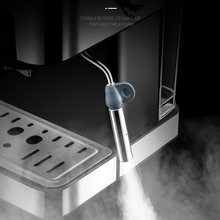 Home espresso machine with milk frother featuring stainless steel steam tube for creating fancy milk foam.