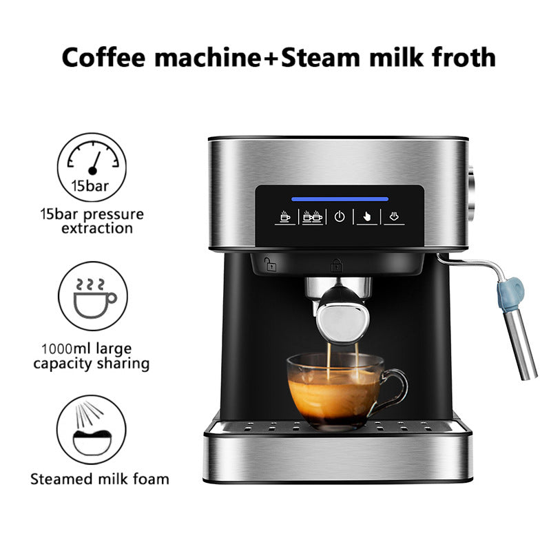 Home espresso machine with milk frother featuring 15bar pressure extraction and 1000ml capacity.