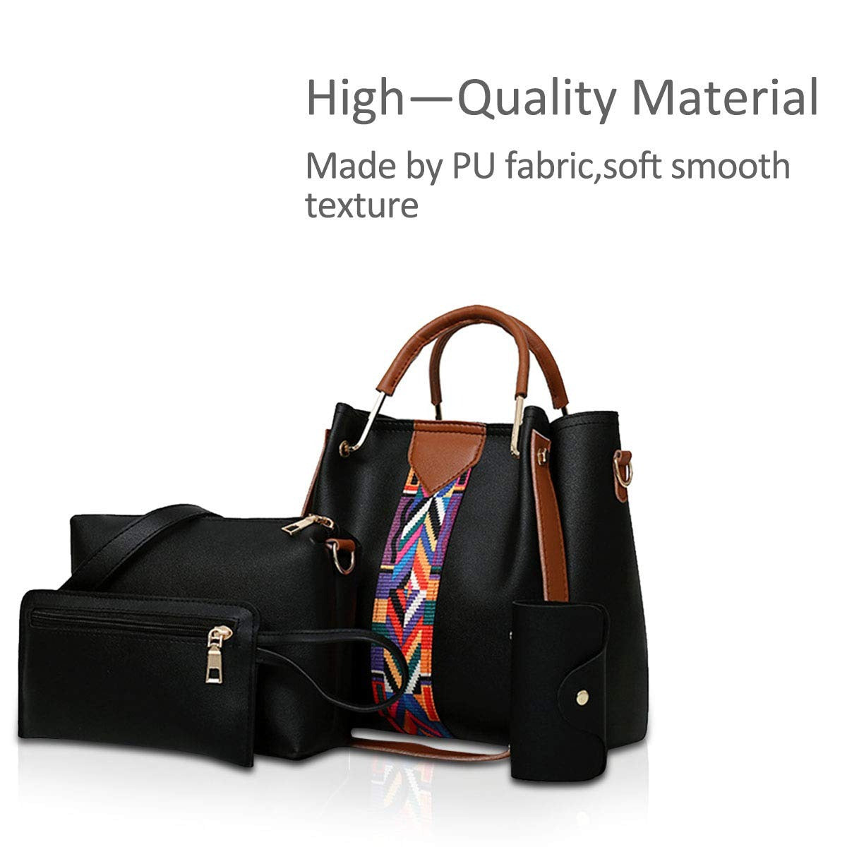 women's faux leather handbag set displayed with high-quality PU fabric design and accessories including wallet and card holder.