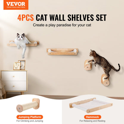 Wall mounted cat shelves with hammocks, featuring 4 pieces including jumping platforms and hammocks for cat play.