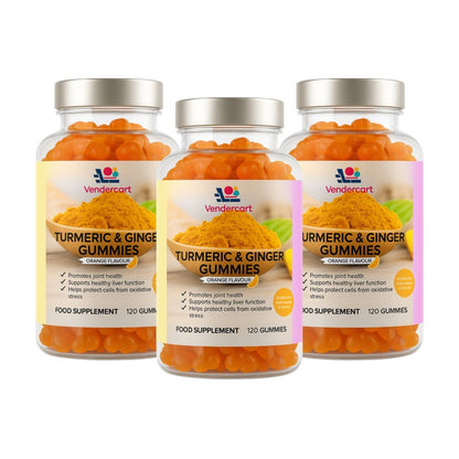 Turmeric & Ginger Gummies 120ct in jars, promoting joint support, immune boost, vegan friendly, natural orange flavor.