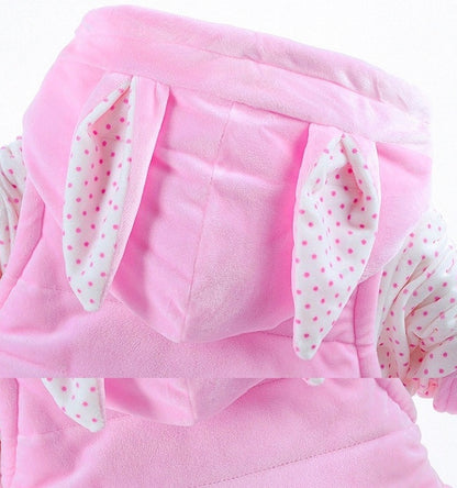 Baby girls autumn winter clothing suits with a pink hoodie featuring bunny ears and polka dot lining.