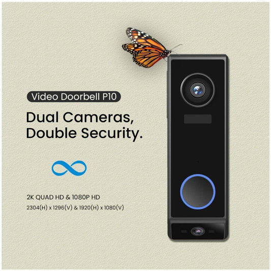 Dual camera security video doorbell with 2K Quad HD and 1080P HD video quality and enhanced security features.