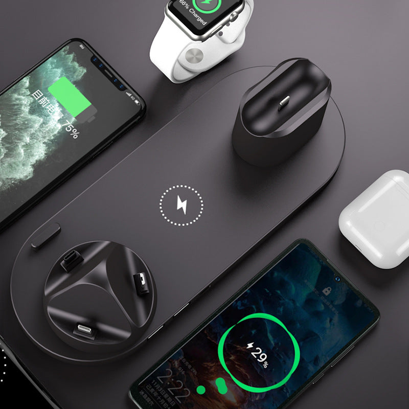 6 in 1 wireless charging dock for iPhone with multiple devices charging on a sleek pad.