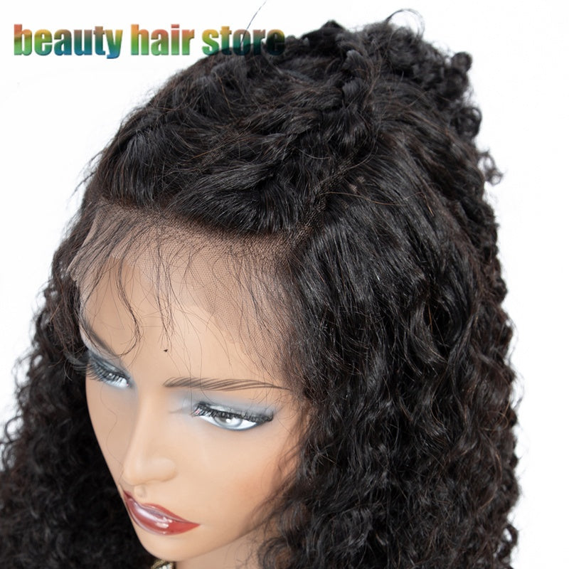 Brazilian kinky curly lace front wig displayed on a mannequin with natural-looking curls and a realistic hairline.