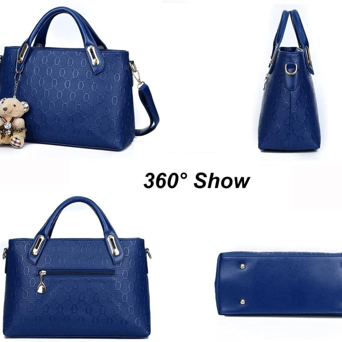 360° view of women's PU leather handbag set, showcasing a blue satchel with a teddy charm and different angles.