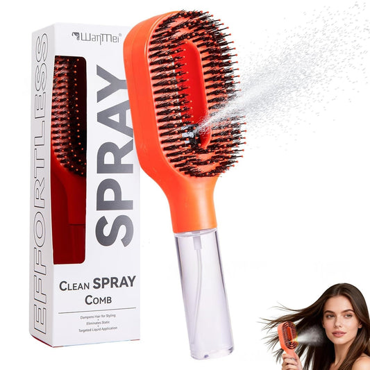 2in1 scalp massage hairbrush with spray bottle for moisturizing and detangling hair, features gentle scalp massage nodules.