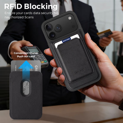 Leather Magnetic Card Holder Phone Case Compatible With The 17 Pro Max featuring RFID blocking and thumb-push card design.