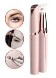 Electric eyebrow remover in pink with images showing usage for precise and pain-free brow maintenance.