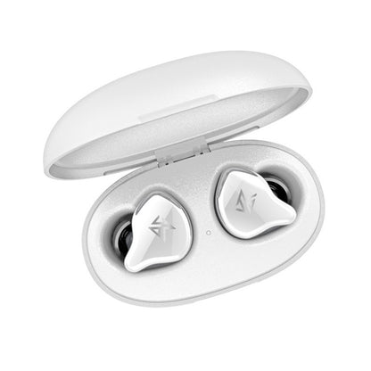 KZ S1 true wireless bluetooth headphones in a white charging case, showing the earbuds inside.