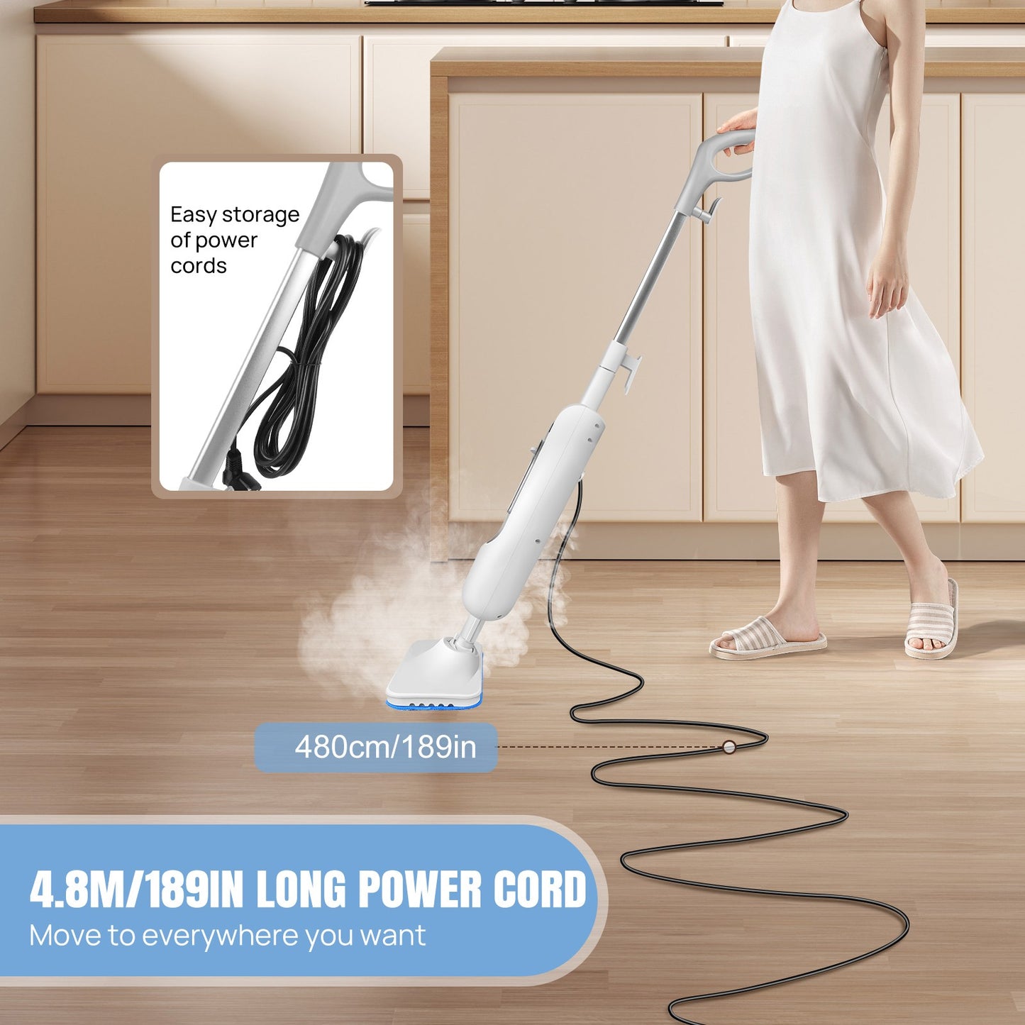 12 in 1 steam mop cleaner with 4.8m power cord, ideal for convenient cleaning of floors and carpets.