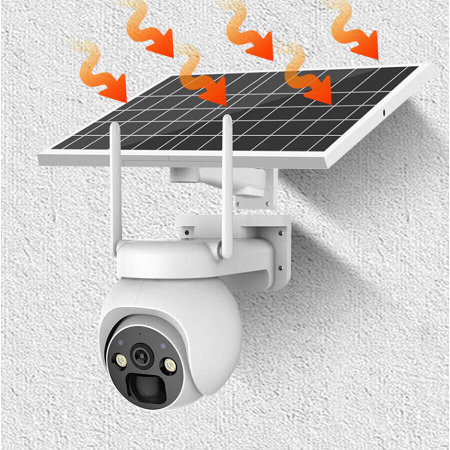 Wireless solar powered security camera with PIR motion detection featuring a solar panel and motion sensors.