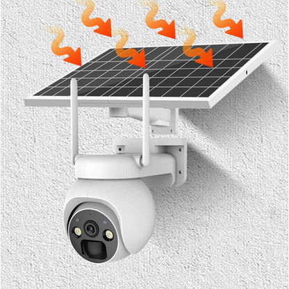 Wireless solar powered security camera with PIR motion detection featuring a solar panel and motion sensors.
