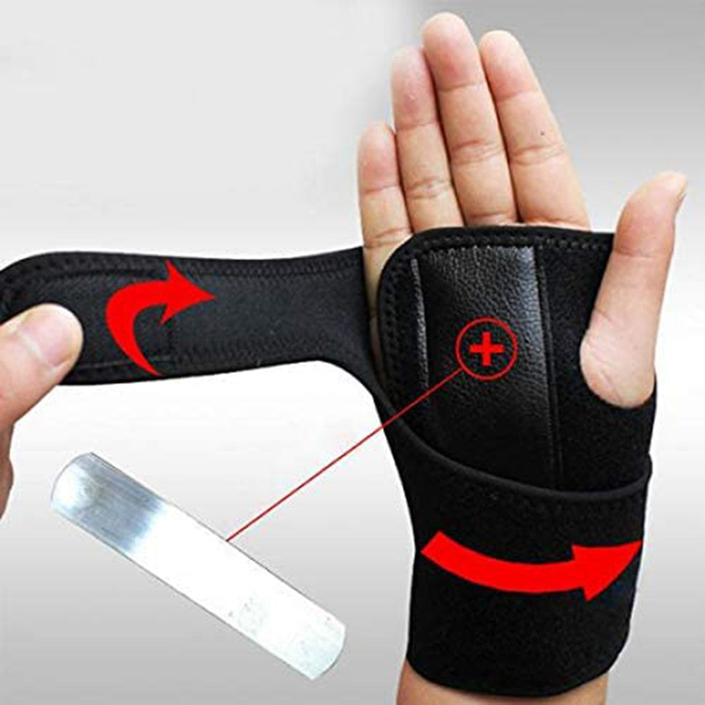 Outdoor sports wrist protective gear on a hand, showcasing its adjustable design and comfort for sports activities.