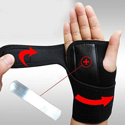 Outdoor sports wrist protective gear on a hand, showcasing its adjustable design and comfort for sports activities.